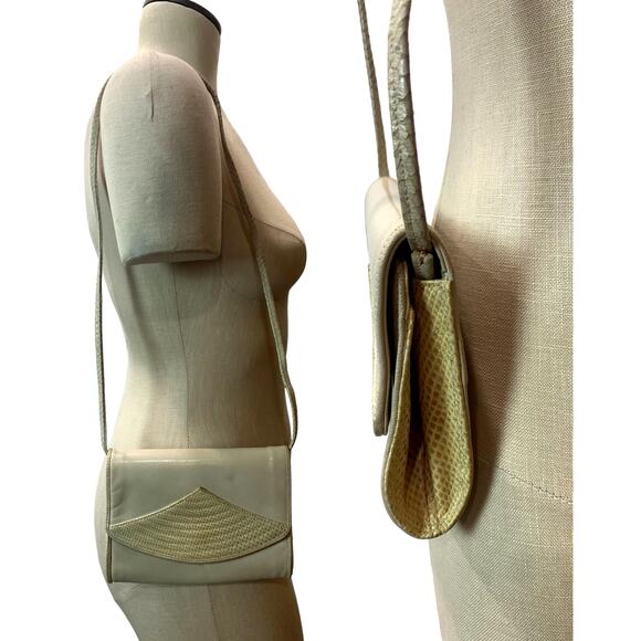 80s Varon Cream Leather & Snakeskin Mini Shoulder Bag Clutch | 7.25" x 5.5" - Picture 4 of 9